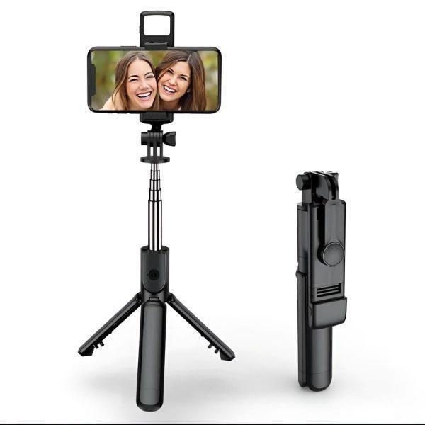 4-in-1 Selfie Stick Tripod with Light & Bluetooth Remote, Black, 70cm Extendable