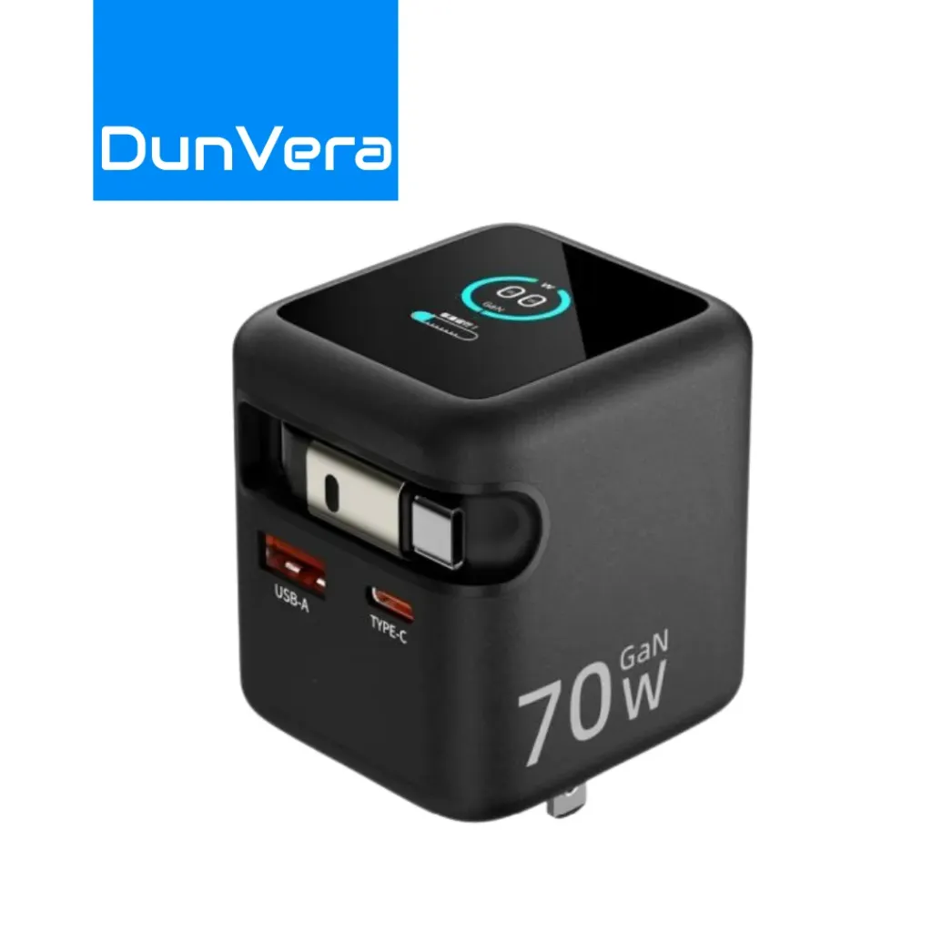 DunVera Mexord | 70W GaN Super Fast Charger with Built-in Retractable Cable | Smart Display