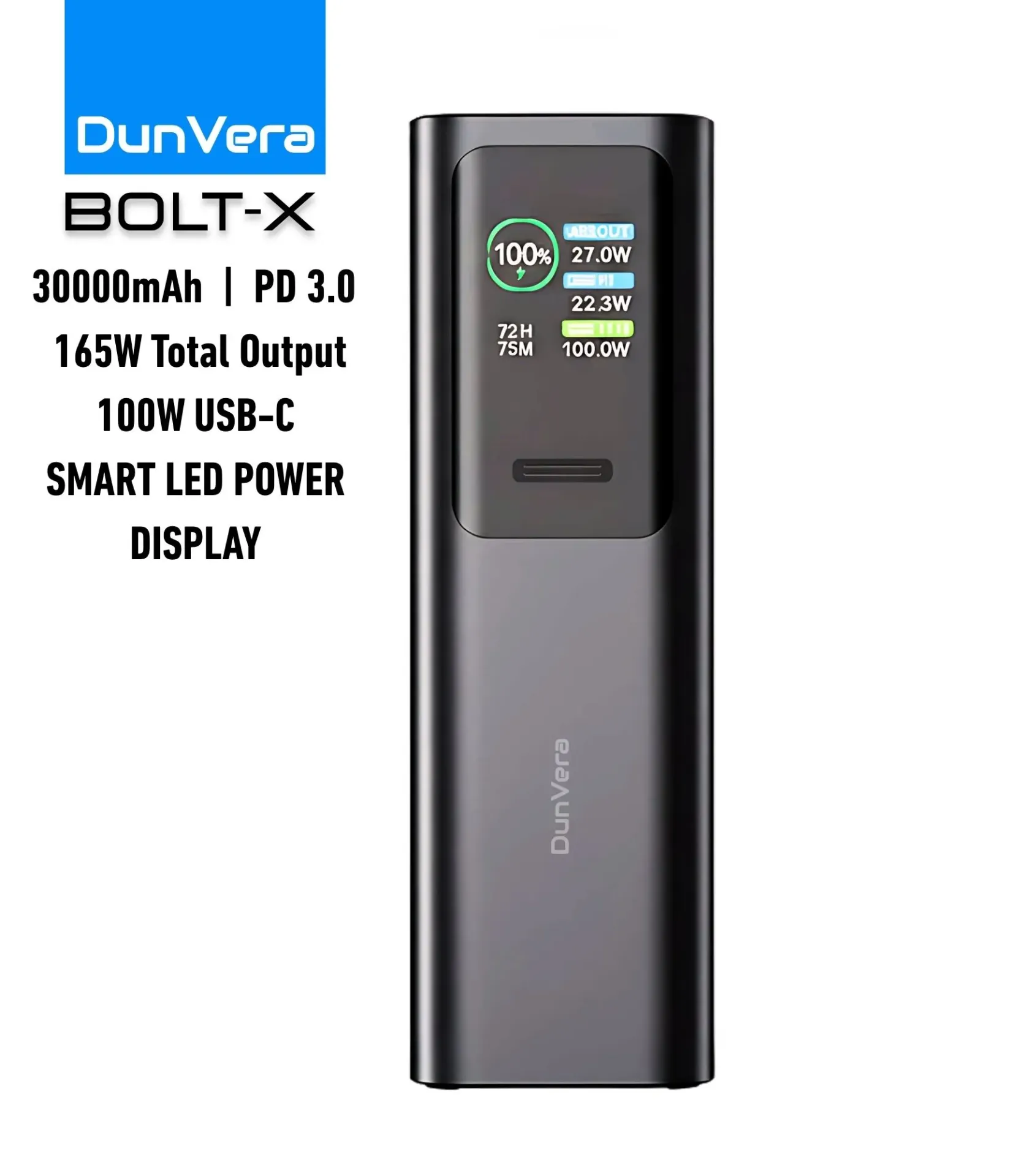 DunVera Bolt X 165W | 30000mAh | PD 100W Laptop Power Bank (Black)