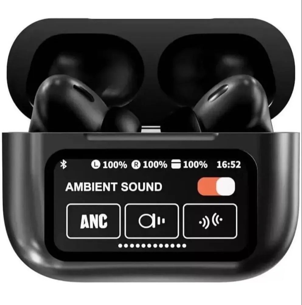 Black Smart Bluetooth Earbuds with ANC & Screen