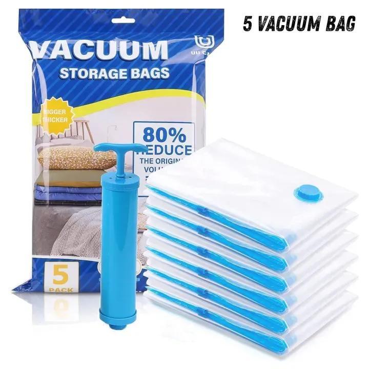 5Pcs Vacuum Storage Bags with Hand Pump White Plastic